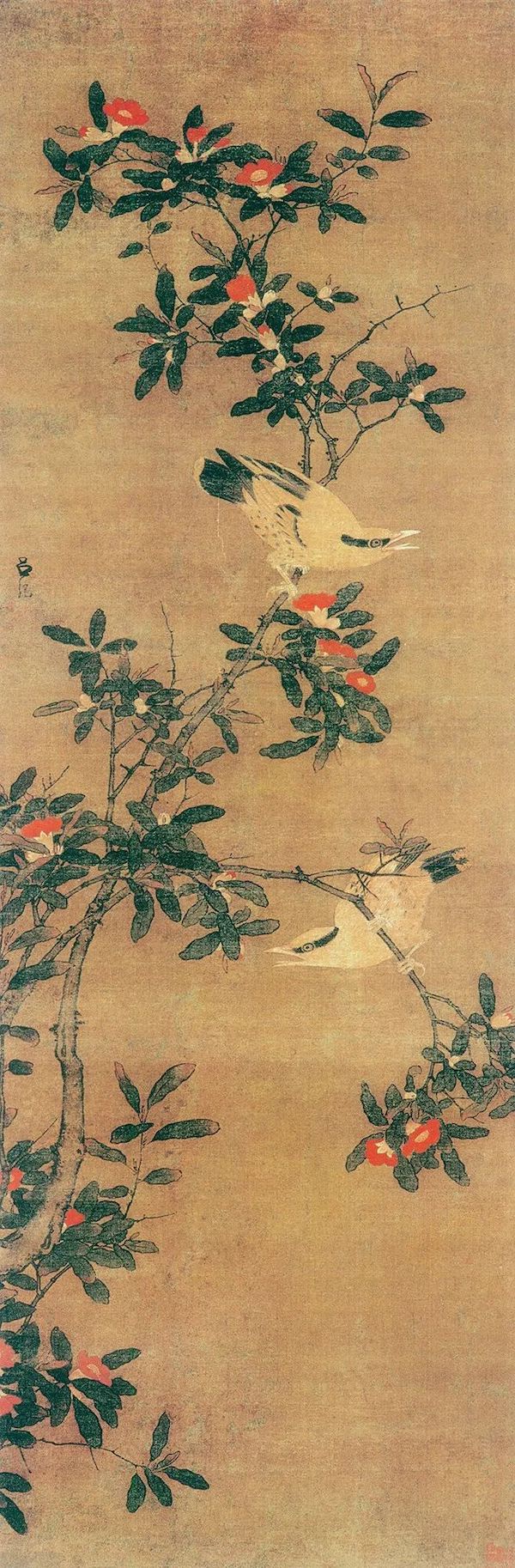 榴花双莺图 明 吕纪 轴 绢本设色 120.4cm×40.2cm